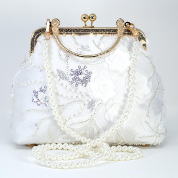 Faux Pearl Embroidered White Floral Garden Bridal Wedding Bag, Statement Bag, Evening Wedding Clutch, Cross Body Bag